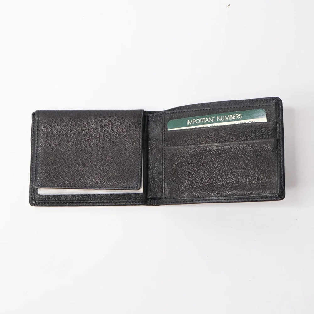 John Weitz Mens Black Pebbled Genuine Leather Bifold Wallet ID Window VTG NOS